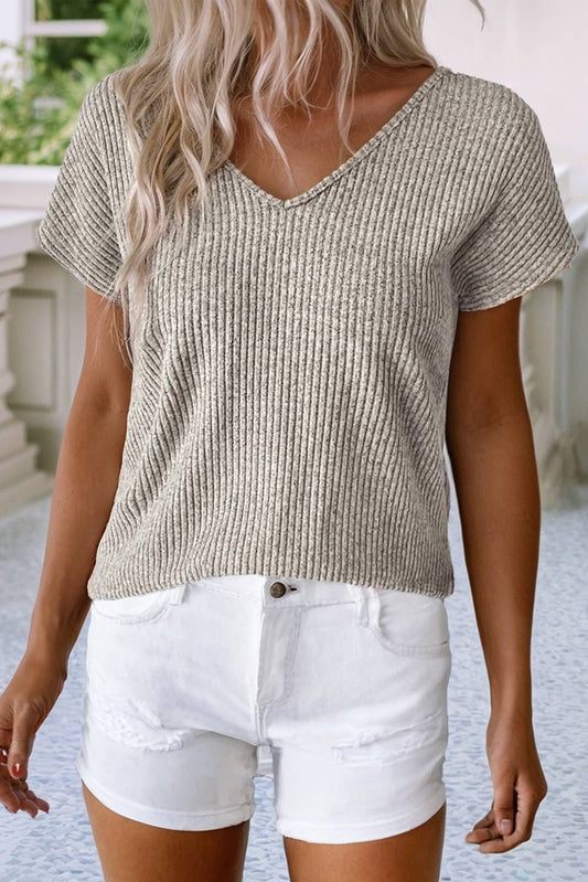 Ribbed Short Sleeve V Neck Colorblock Bow Back Top