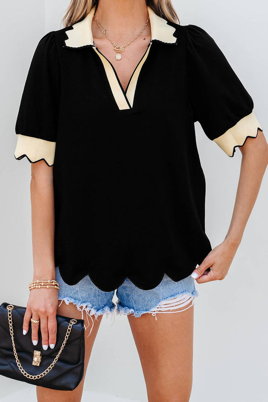 Color Contrast Collared V Neck Puff Sleeve Blouse
