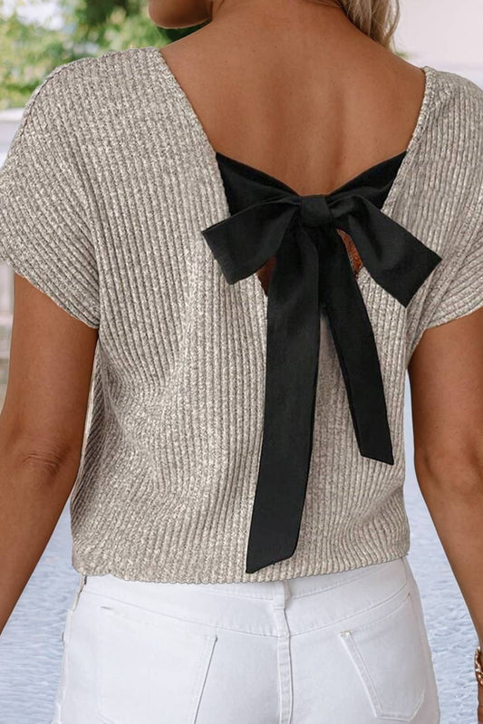 Ribbed Short Sleeve V Neck Colorblock Bow Back Top