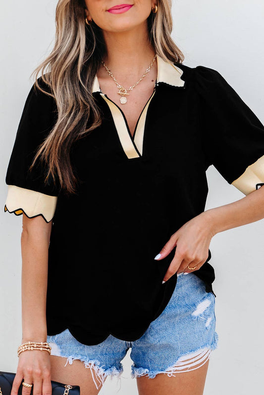 Color Contrast Collared V Neck Puff Sleeve Blouse